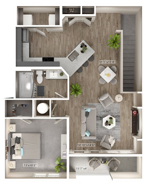 Floor plan for 1 bed, 1 bath, 870 sqft
